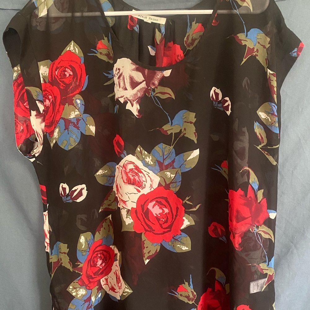 Sheer Black Blouse with Rose Detail